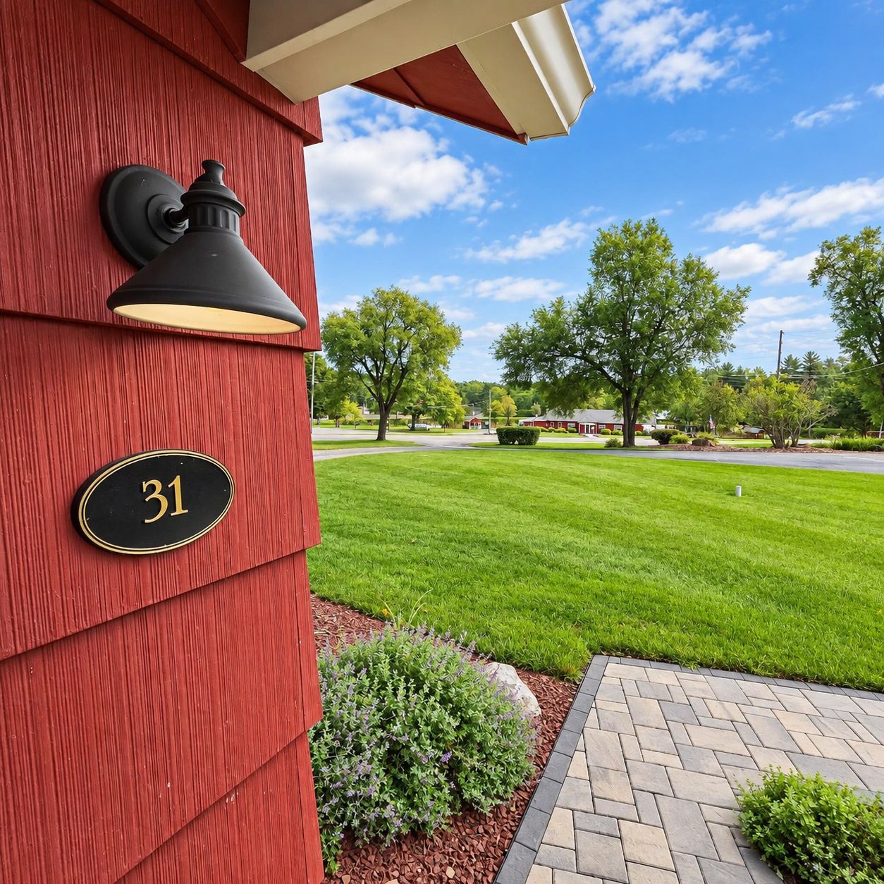 A red building with a black mailbox and a house number plaque.