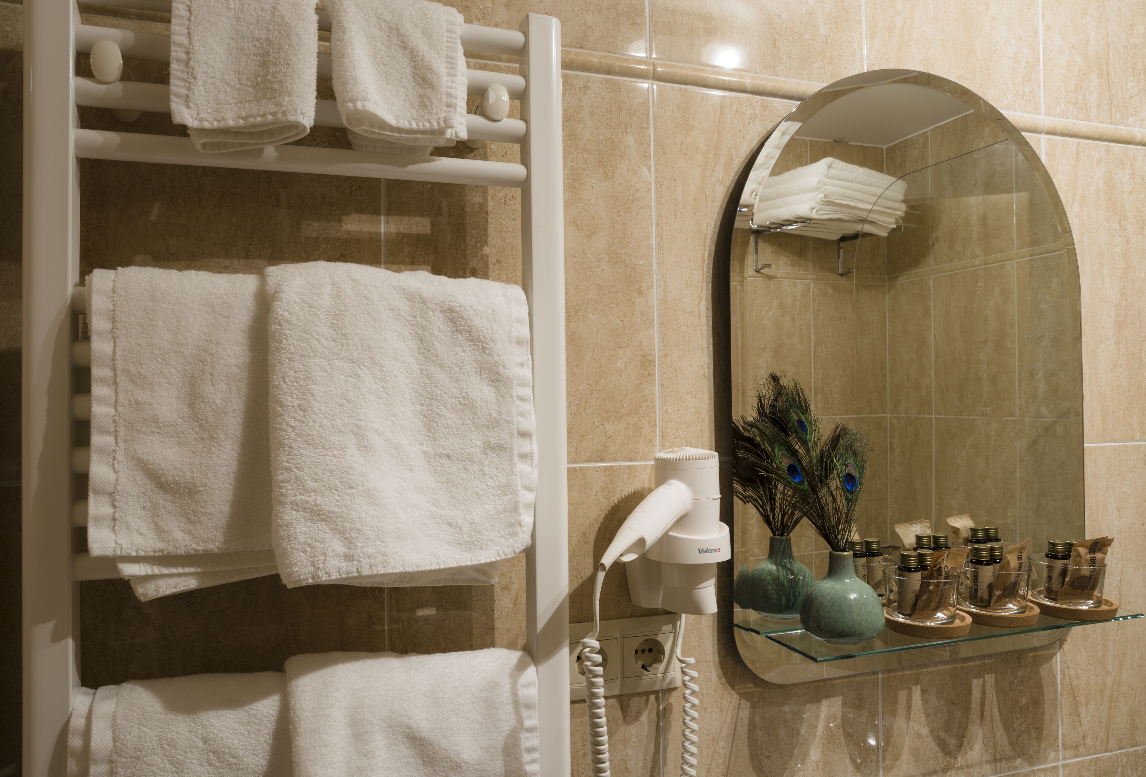 free toiletries, hair dryer, towels