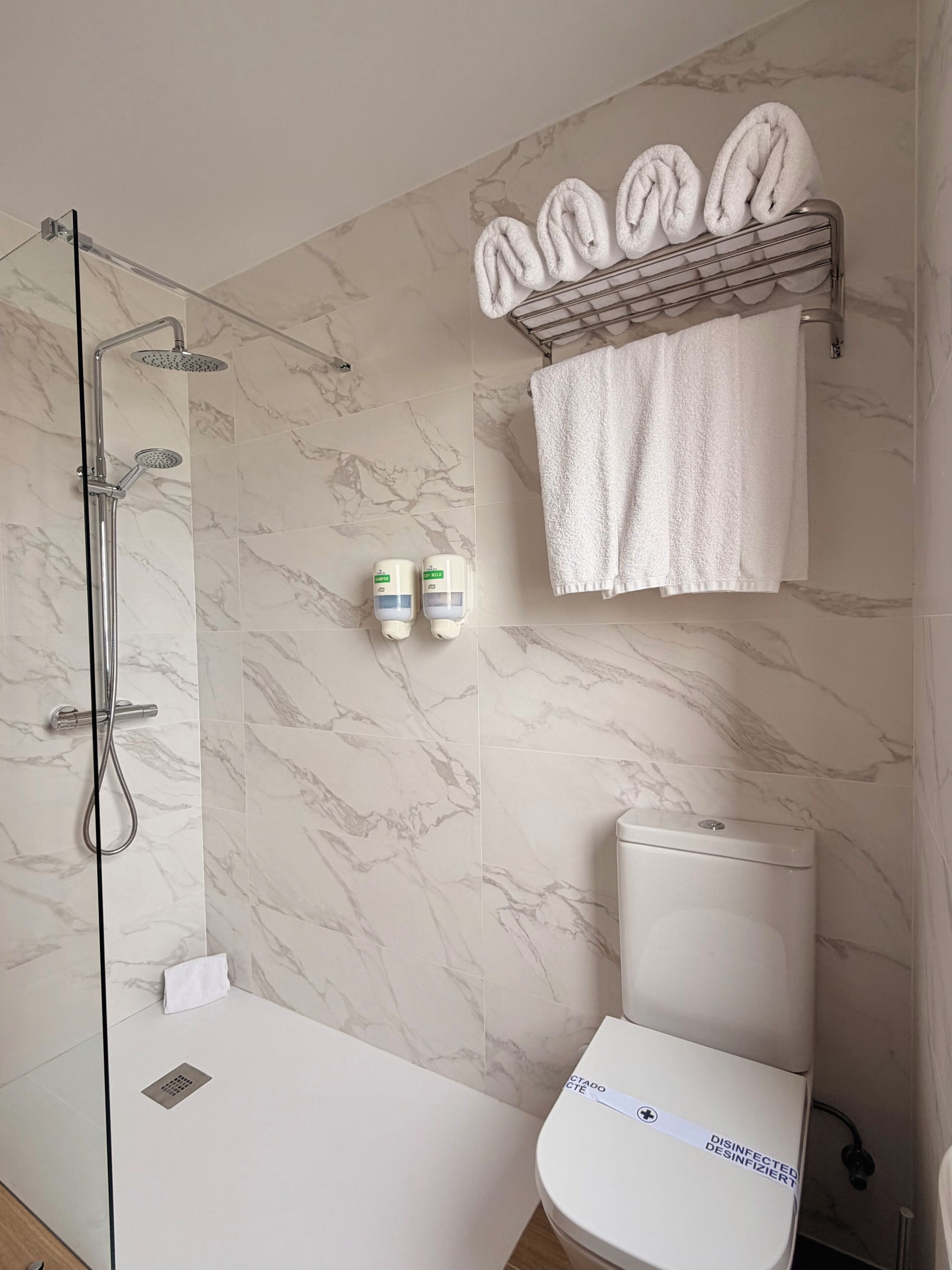 A bathroom with a glass-enclosed shower, a toilet, and a towel rack with folded towels.