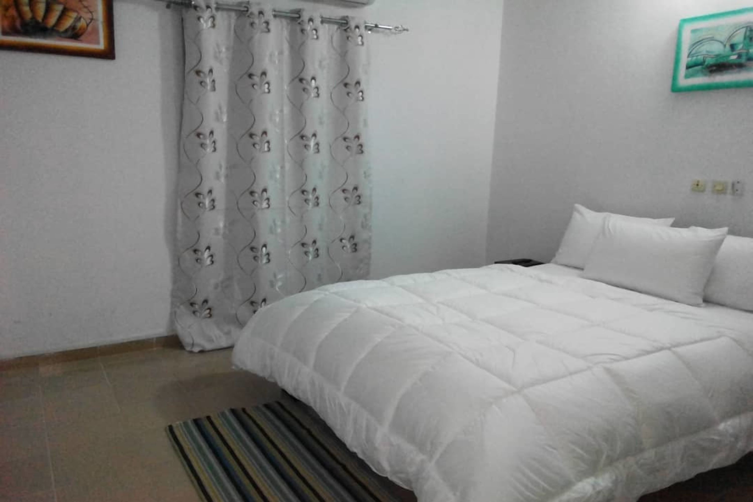 A bedroom with a bed, white curtains with a pattern, a striped rug, and a framed picture on the wall.