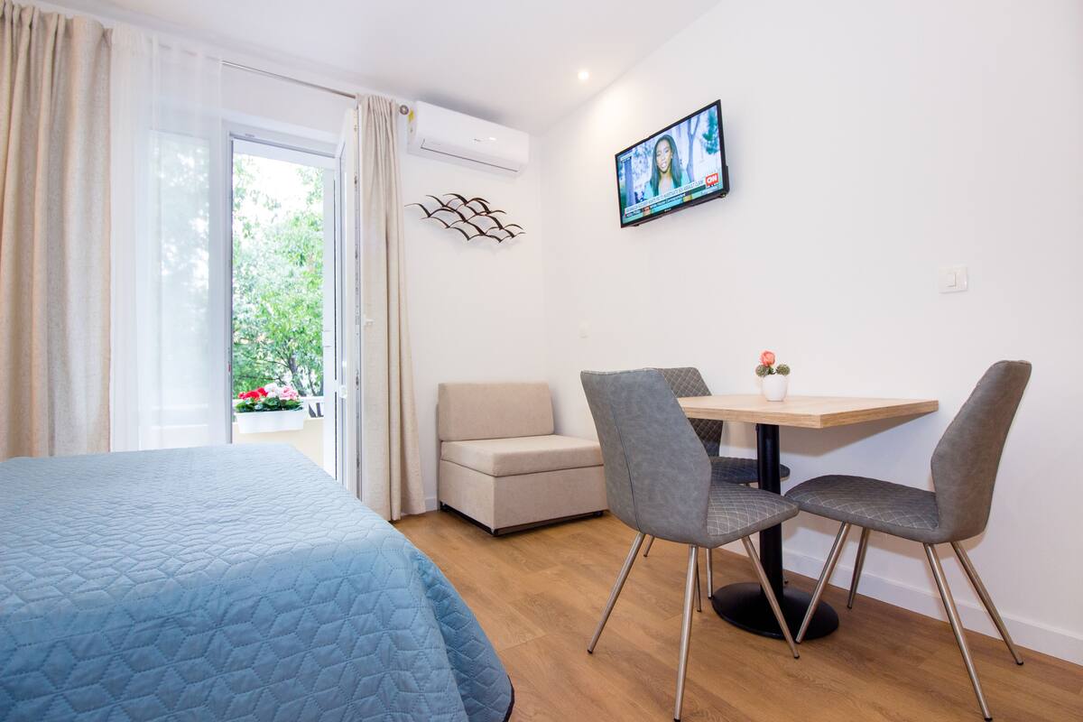 A hotel room with a bed, a sofa, a table with two chairs, an air conditioner, a TV on the wall, and a view of greenery outside.