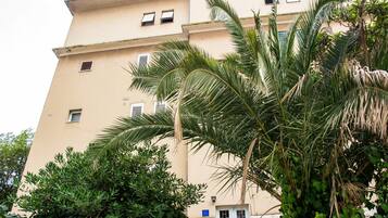 A multi-story building with balconies, surrounded by lush greenery including palm trees and other plants.
