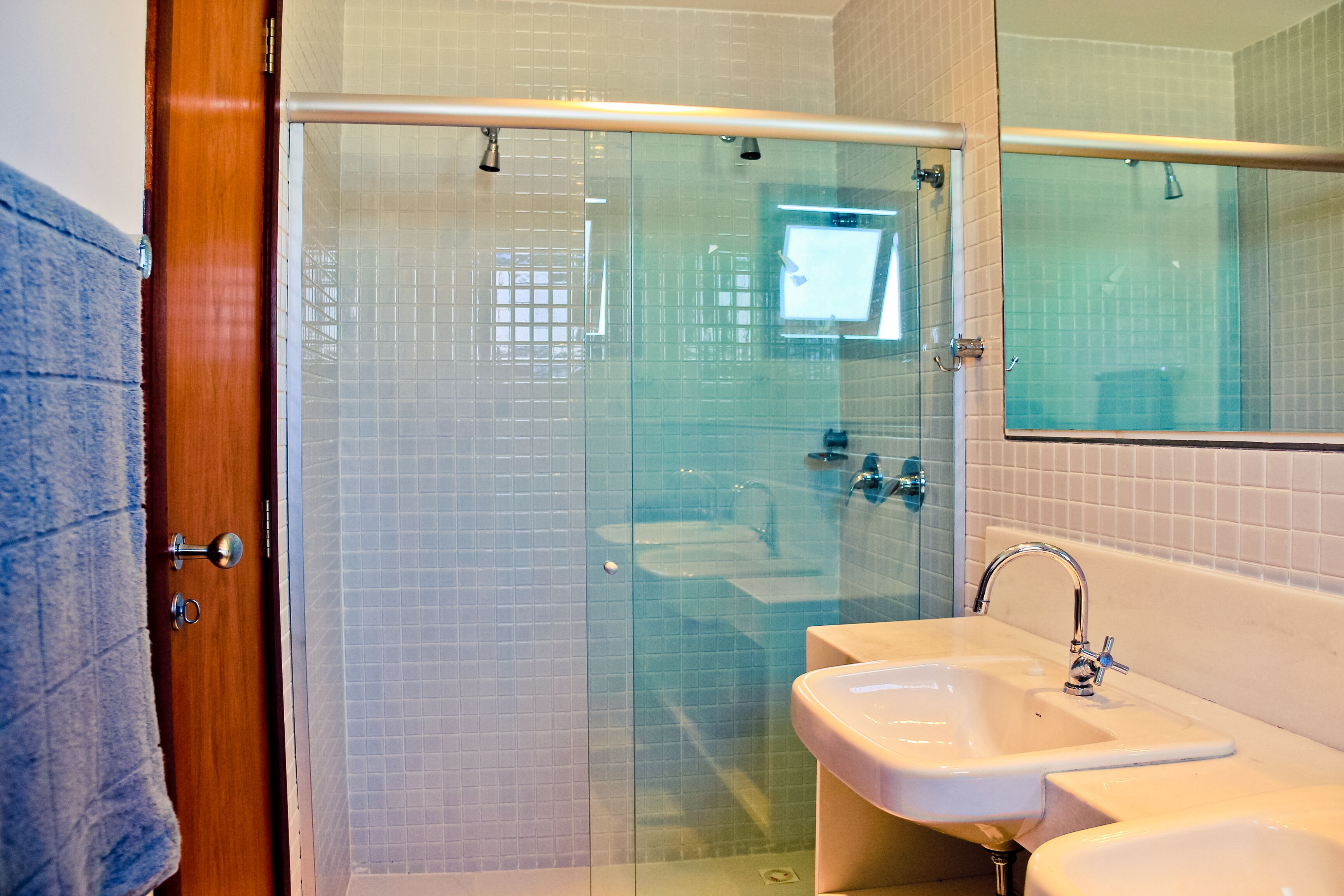 Shower, towels, soap, toilet paper
