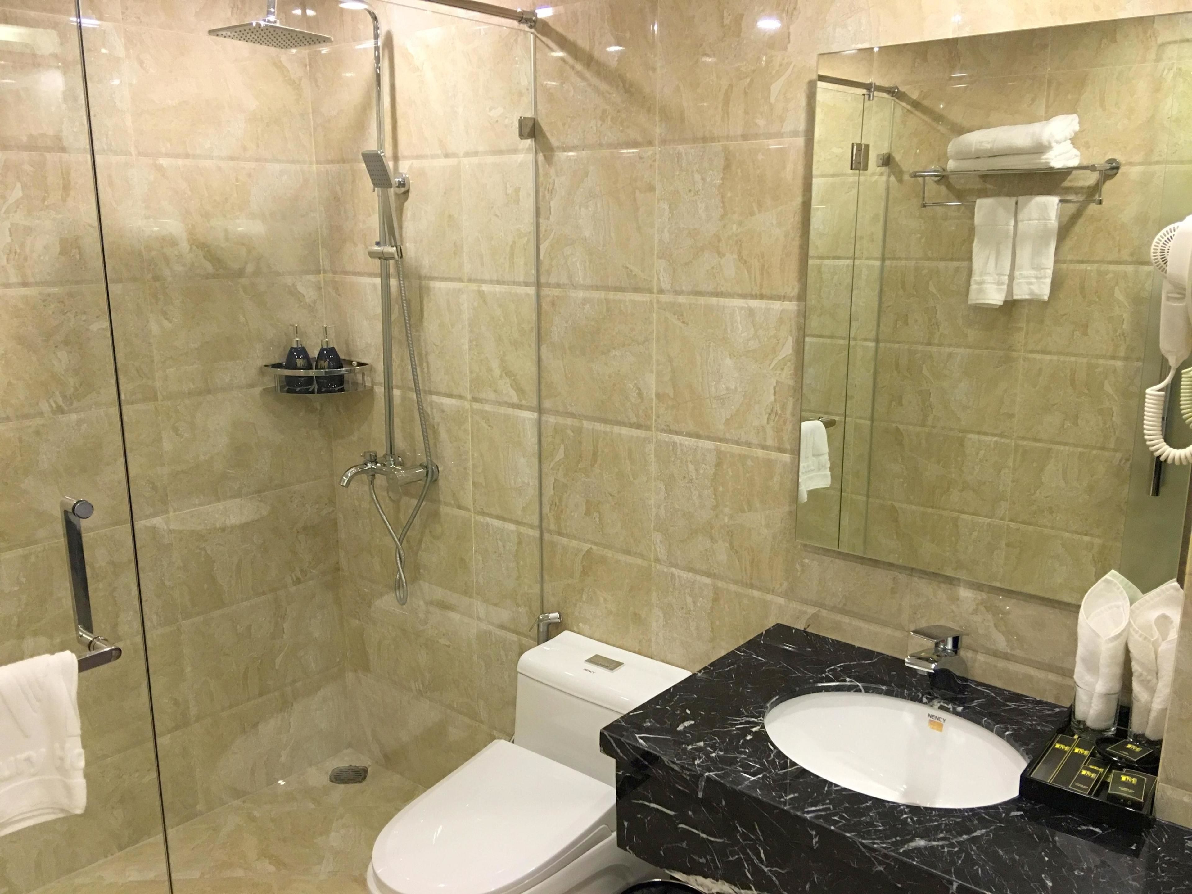 A modern bathroom with a glass-enclosed shower, a white toilet, a black marble sink, and a large mirror.