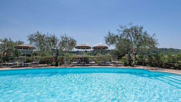 A swimming pool with lounge chairs and umbrellas, surrounded by trees and hills. - RONDINE: Peaceful farmhouse close to Tuscany 's treasures, 1mile from shops far (Poggibonsi)