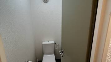 Un baño pequeño y estrecho con inodoro, dispensador de papel higiénico e iluminación en el techo.
