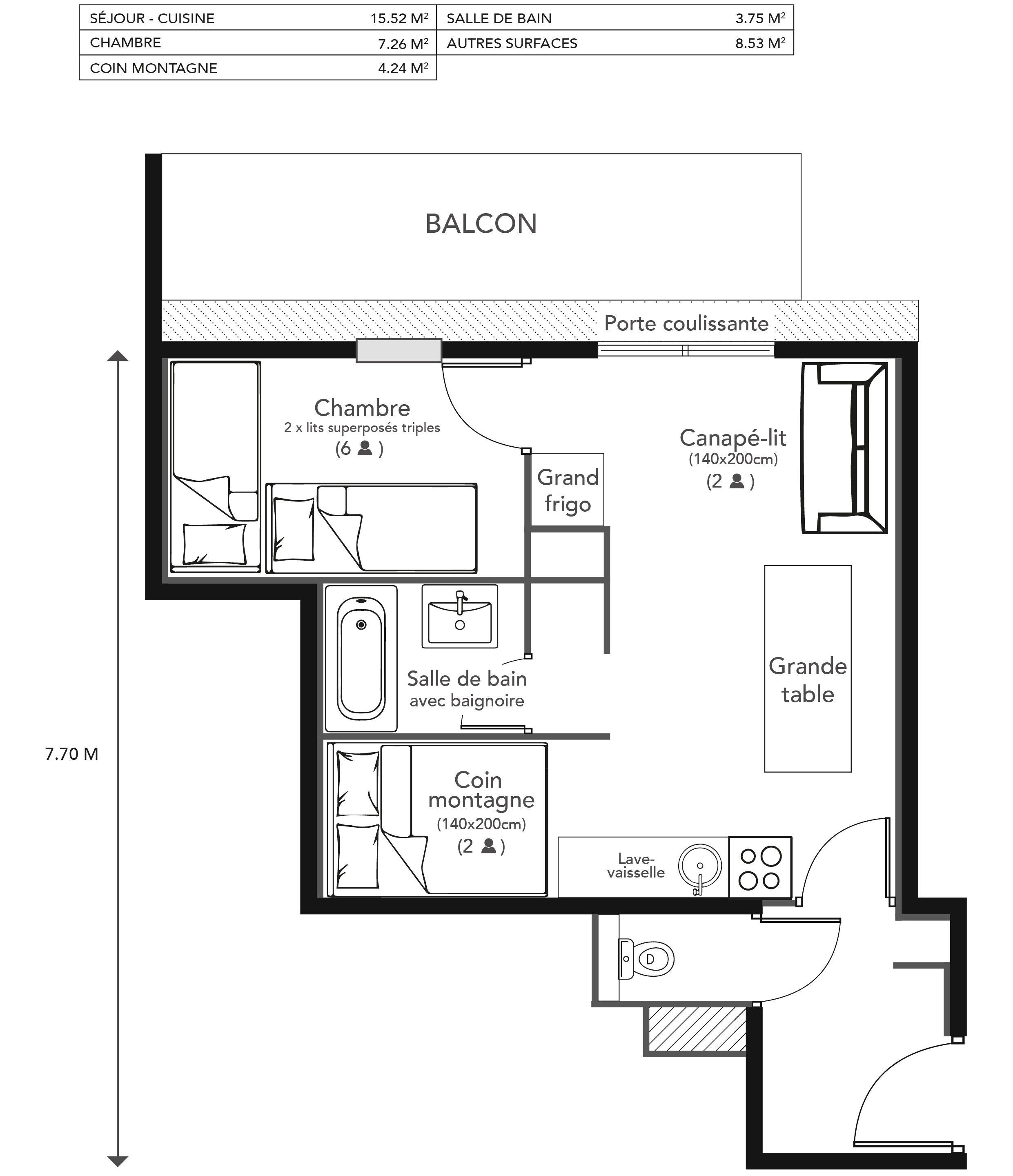 A hotel room layout with a balcony, ensuite bathroom, ensuite shower, ensuite toilet, and a small kitchen area.