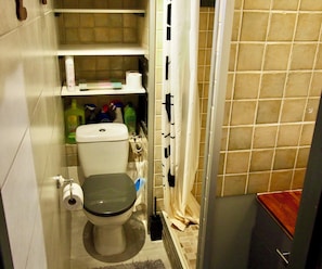 Een compacte badkamer met toilet, een plank met toiletartikelen en een douchegordijn.
