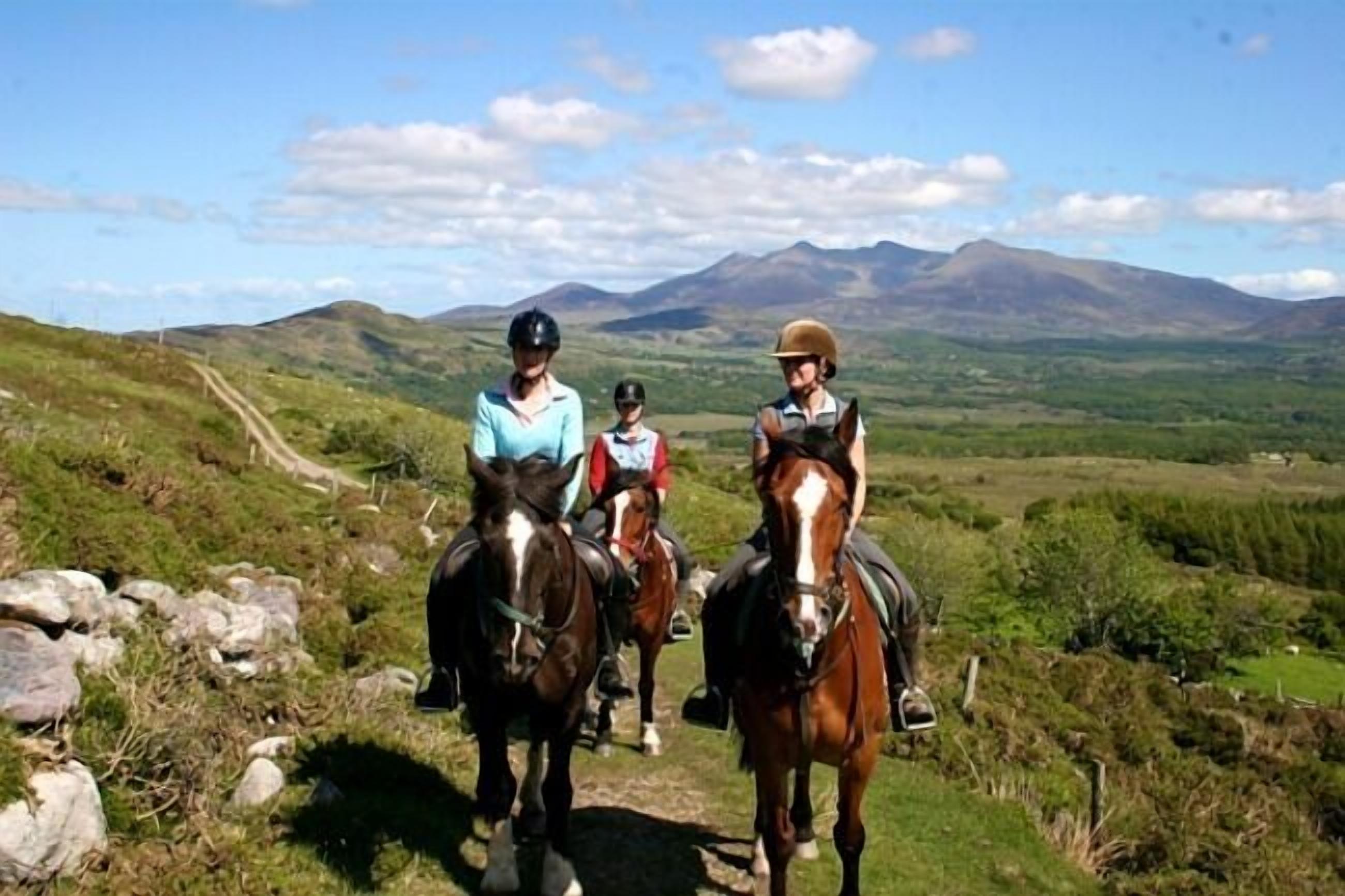 A group of people riding horses on a dirt path surrounded by green hills and mountains.