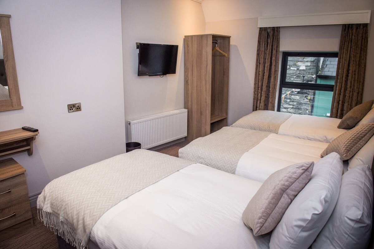 A bedroom with two beds, a TV mounted on the wall, a wardrobe, and a window with curtains.