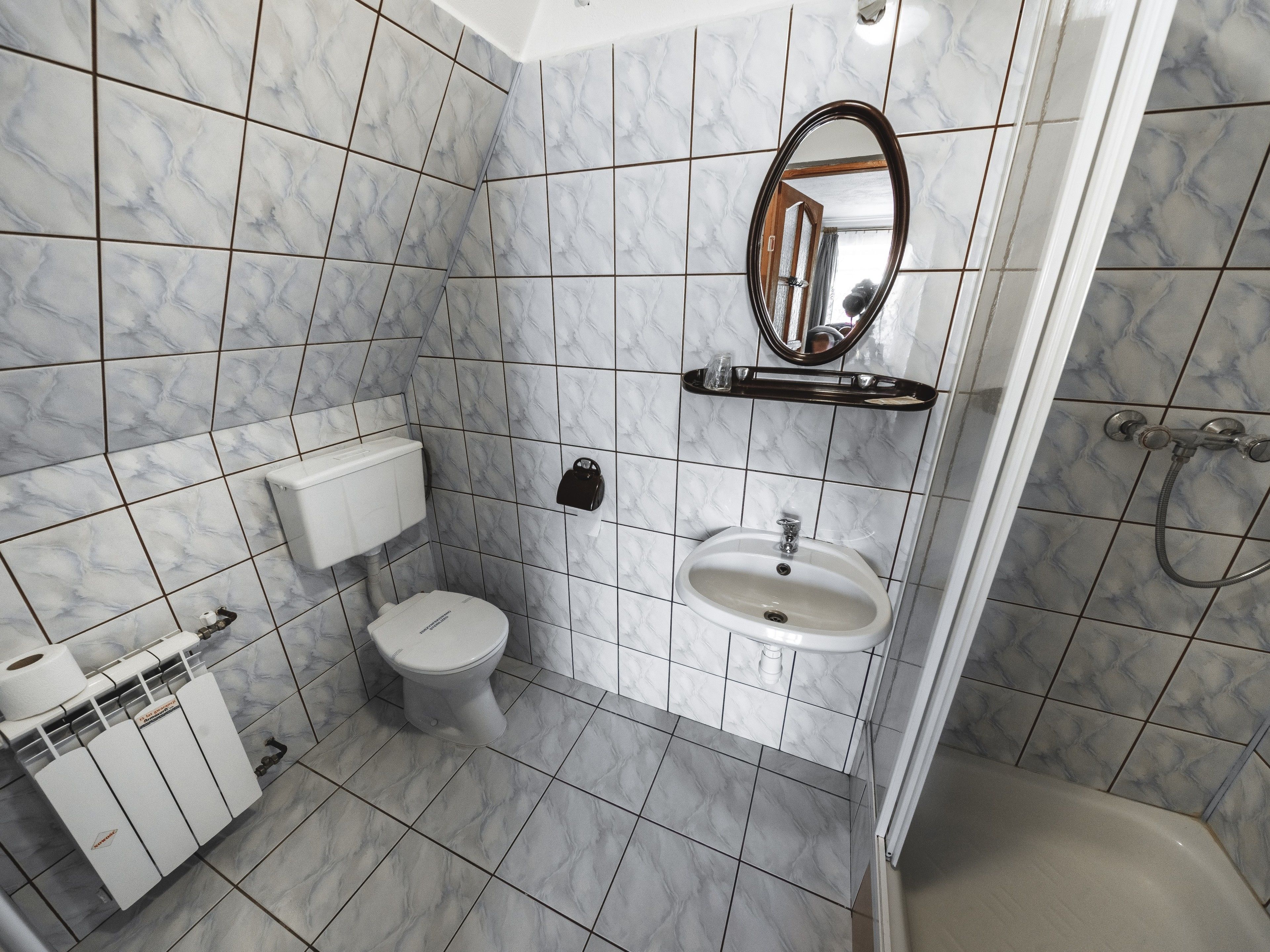 A bathroom with a toilet, sink, and shower.