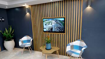 Zona de recepción con un televisor montado en la pared, dos sillas, una mesa pequeña con una planta y otra planta en maceta.