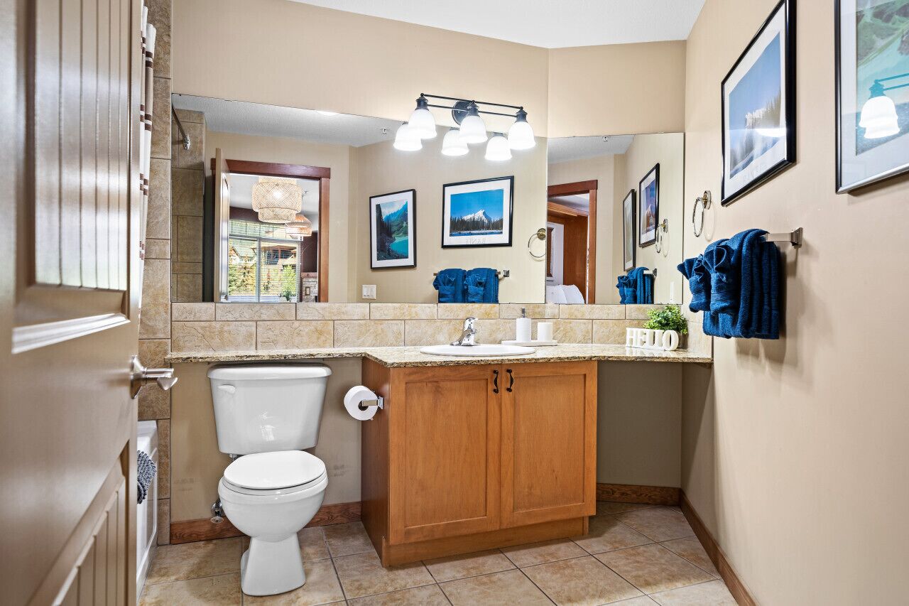 A bathroom with a toilet, sink, wooden cabinet, and a large mirror.
