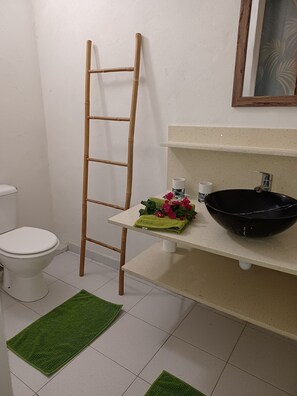 Dusche, Haartrockner, Handtücher, Seife