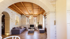 Un salon avec un mur en pierre, des poutres apparentes en bois au plafond, un téléviseur et une cheminée.