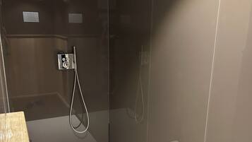 Combined shower/tub, hair dryer, towels, toilet paper