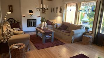 TV, fireplace, DVD player, books