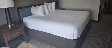 A hotel room with a large bed, two bedside tables with lamps, a framed picture on the wall, and a carpeted floor.