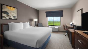 Habitación de hotel con una cama grande, un escritorio con computadora, una silla, televisor y ventana con vista al exterior.