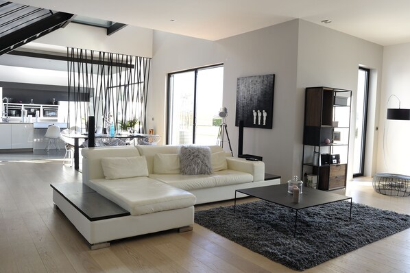 Smart TV, fireplace, video games, DVD player