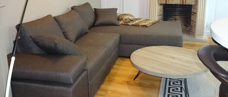 Télévision à écran plat, cheminée, livres