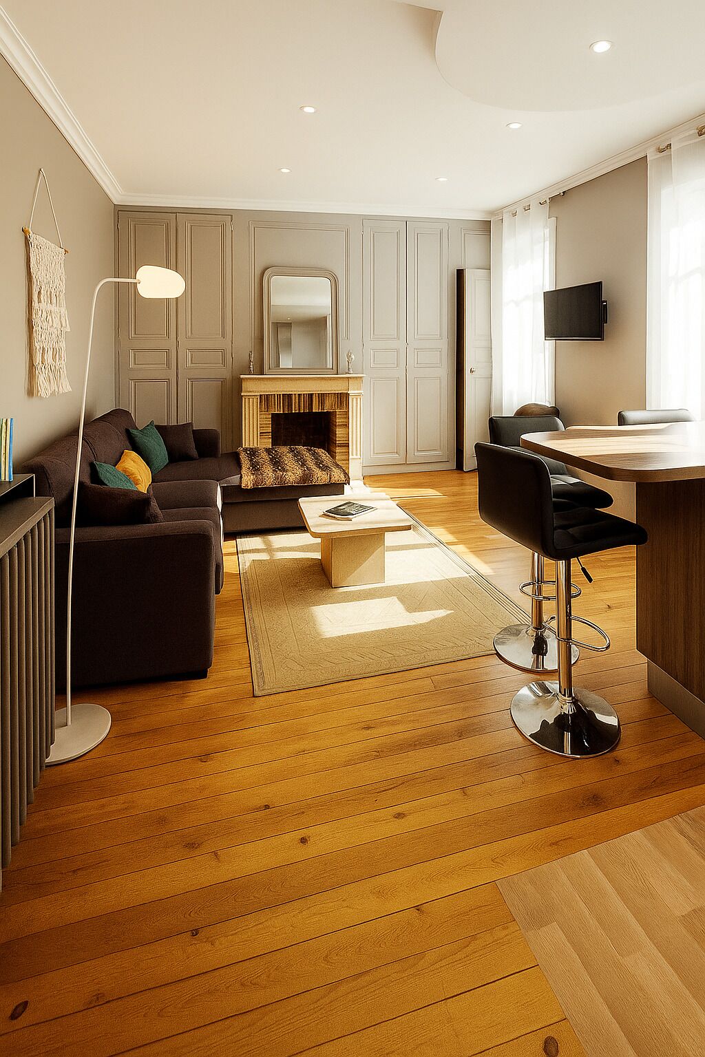 Televisión de pantalla plana, chimenea y libros 