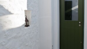 Un bany de parets blanques amb una porta verda, un vàter, una llum penjada a la paret i un cubet petit a terra.