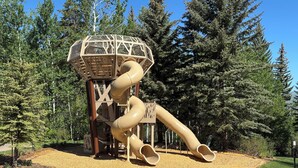 Ein Spielplatz mit Rutsche und Klettergerüst, umgeben von Bäumen.