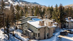 A modern two-story house with a snow-covered roof, surrounded by tall pine trees and a mountainous backdrop.