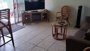 A living room with a television, a sofa, a chair, a table, and a ceiling fan.