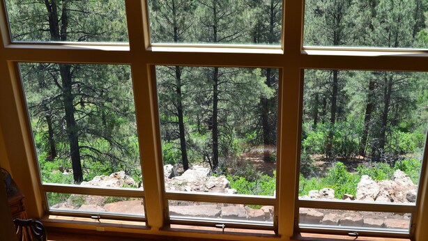 A room with a large window offering a view of a forested area with trees and rocks. - New-ish 3 BR house on canyon ridge/Borders Forest/31 windows- 3 miles from town (Pagosa Springs)