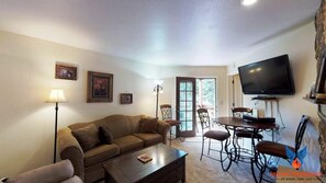 Flat-screen TV, fireplace