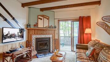 Flat-screen TV, fireplace