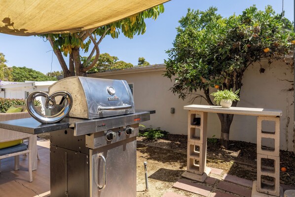 Een buitenruimte met een grill, een tafel en een bloempot.