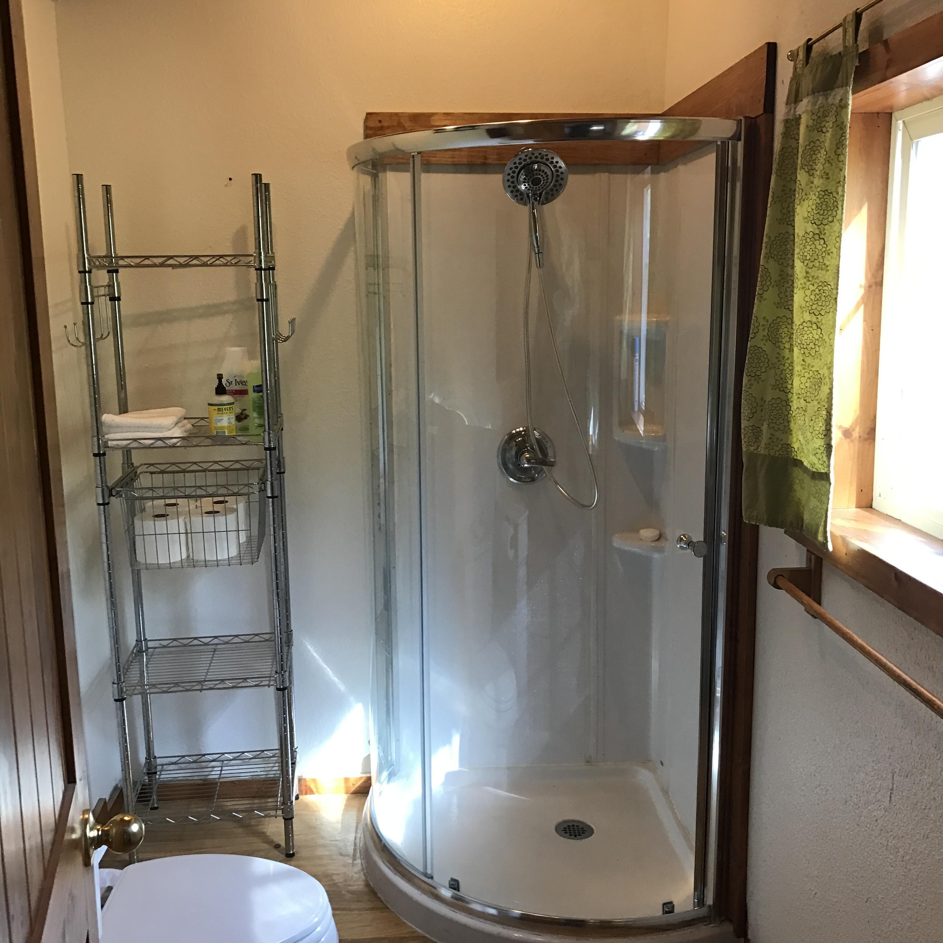 Combined shower/tub, hair dryer, towels, soap