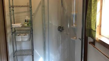Combined shower/tub, hair dryer, towels, soap