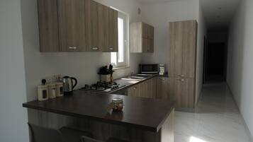 Une cuisine moderne dotée d’un îlot central, d’appareils électroménagers intégrés et de meubles de rangement en bois.