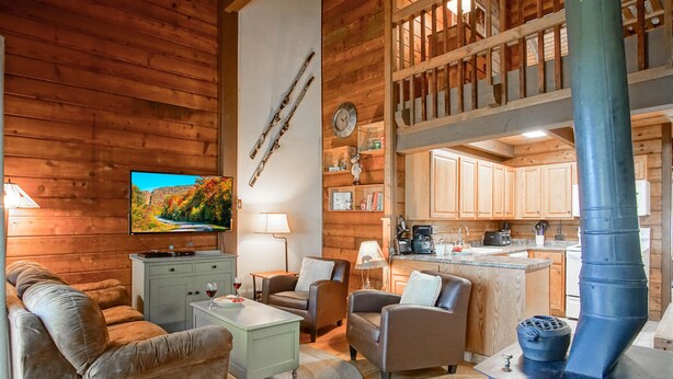 A cozy cabin interior with a living area featuring a television, comfortable seating, and a wood stove. - Stemwinder #3:  3 Bedrooms Plus Bonus Sleeping Loft.  2 Full Baths (Snowshoe)