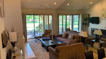 Smart TV, fireplace, DVD player, books