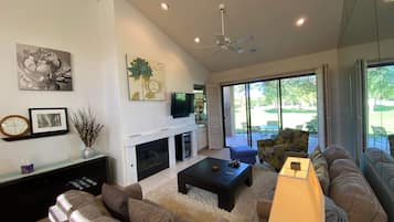 TV, caminetto, lettore DVD, libri