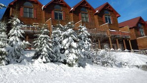 Eine Holzhütte mit vielen Fenstern und Balkonen, umgeben von schneebedeckten Bäumen.