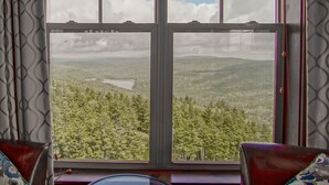 Una habitación con un amplio ventanal que ofrece vistas a un paisaje boscoso.