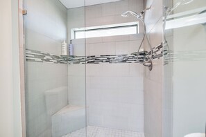 Hair dryer, towels, soap, shampoo