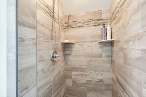 Hair dryer, towels, soap, shampoo
