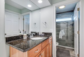 Hair dryer, towels, soap, shampoo