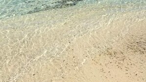 Two people standing in shallow water at a beach with clear water and a distant island.