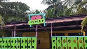 A building with a sign reading "BAR" and a green fence with fruit designs. - Tripsyala (Ailigandí)