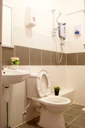 Un baño con inodoro, lavamanos y ducha.