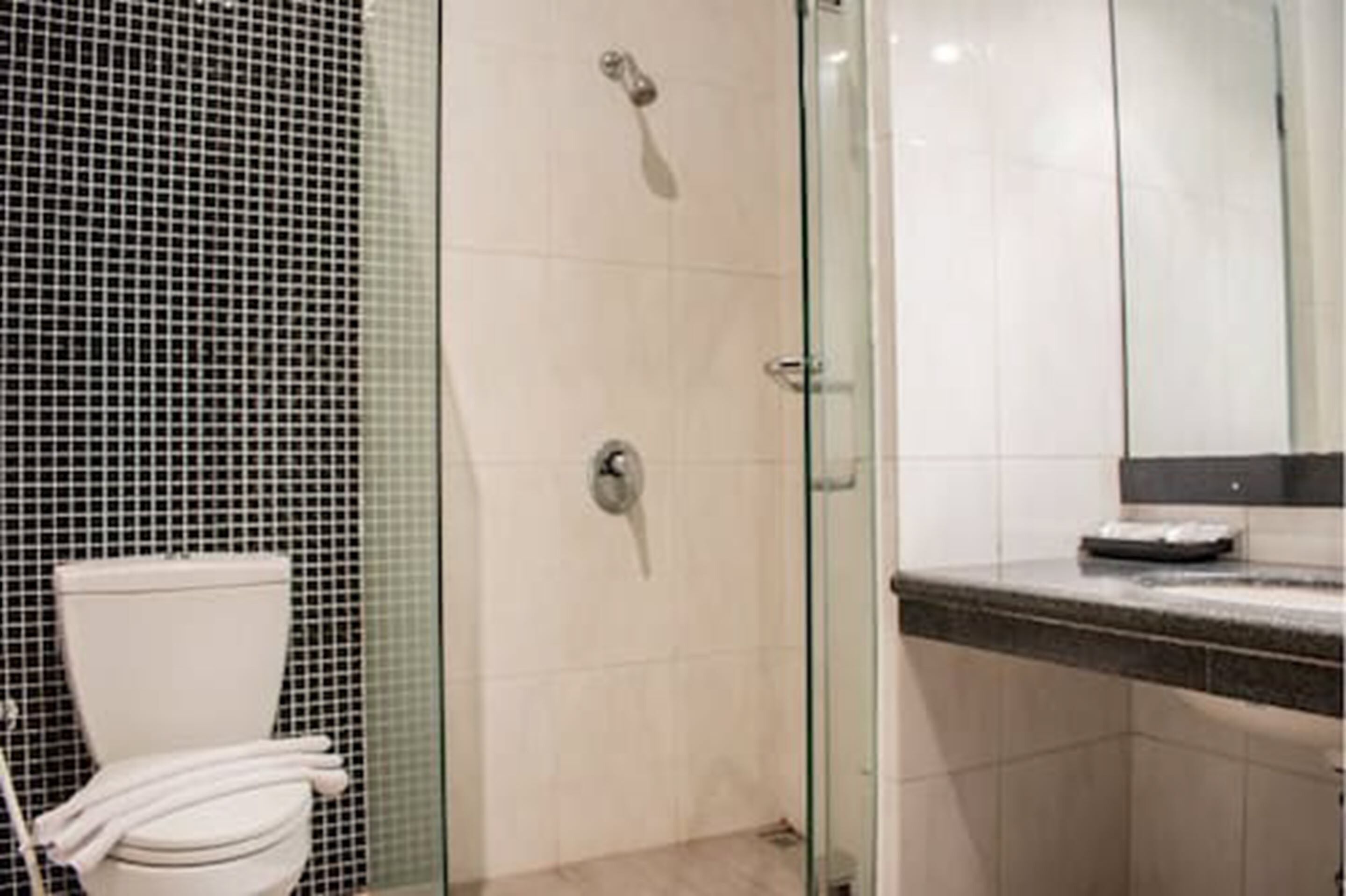 Un baño con cabina de ducha de vidrio, inodoro y lavamanos con espejo.