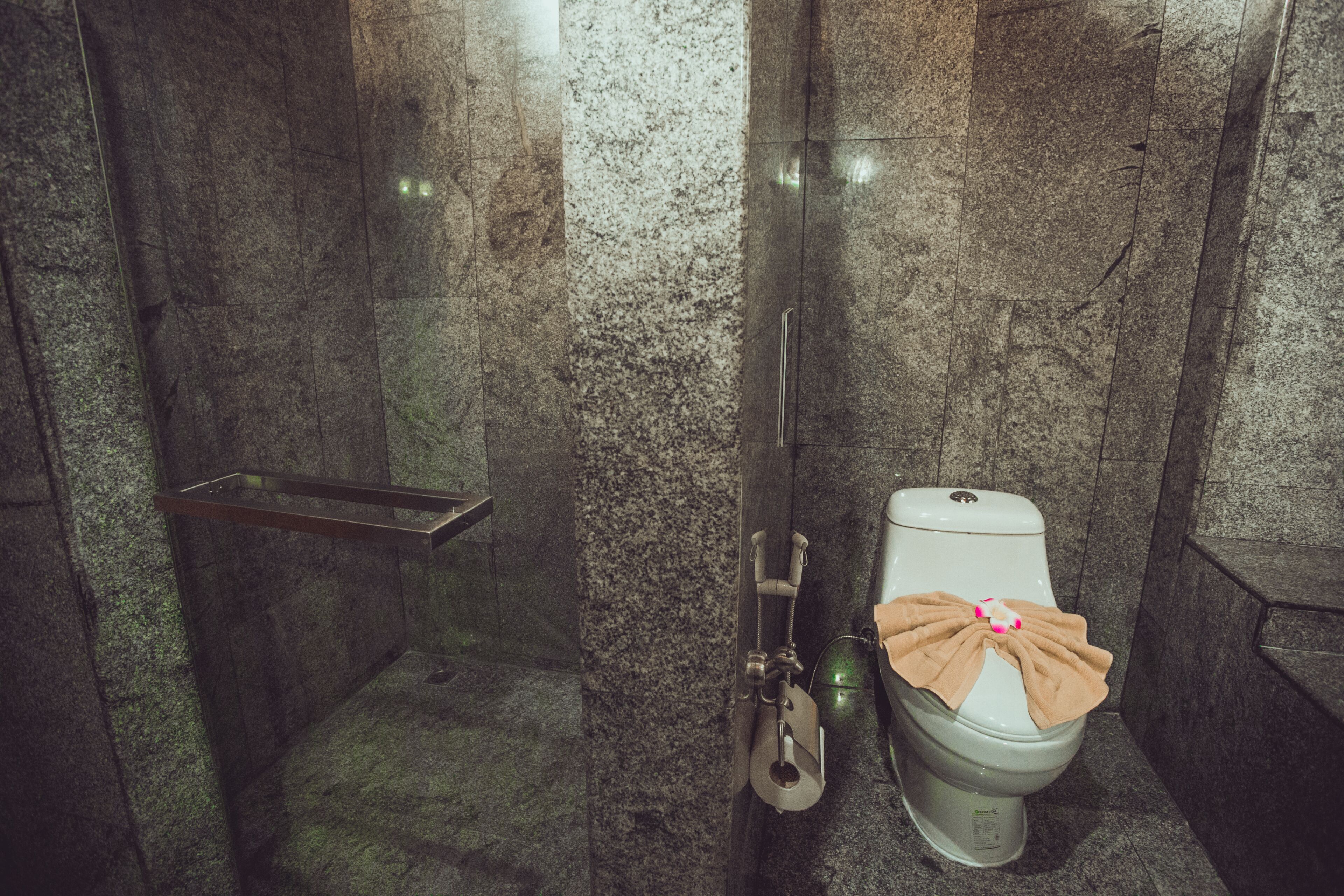 Ein Badezimmer mit Toilette, Dusche und einem Metallregal.